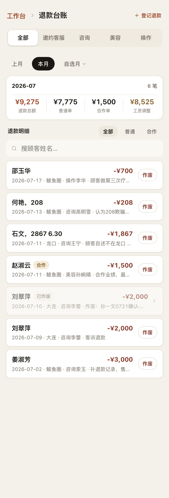 退款台账：顶部是本月汇总，下面是每笔明细，可按经手岗位切换、可作废。