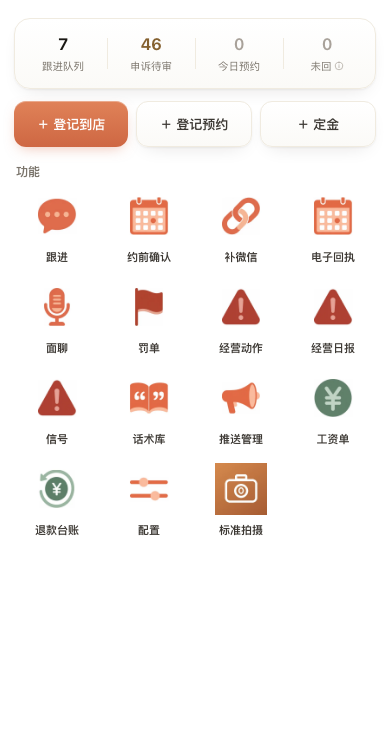 工作台管理员视角；入口按权限显示。